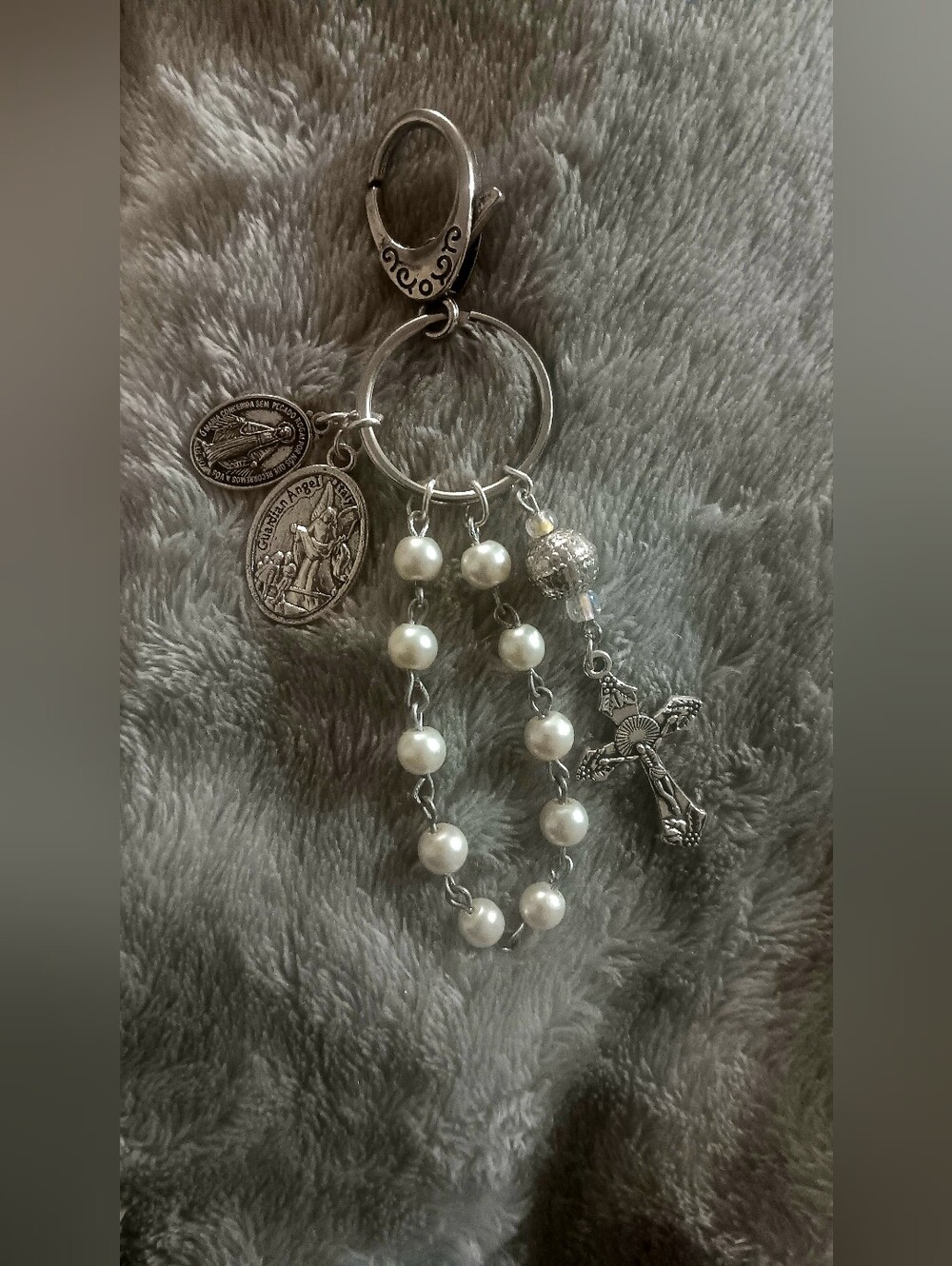 Silver Faux Pearl Rosary Keychain with Crucifix